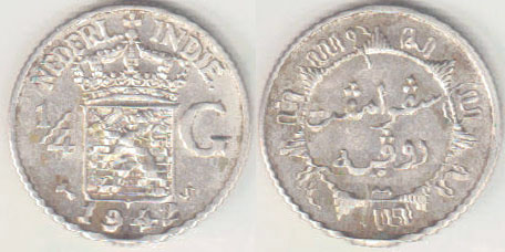 1942 S Netherlands Indies Silver 1/4 Gulden A001874